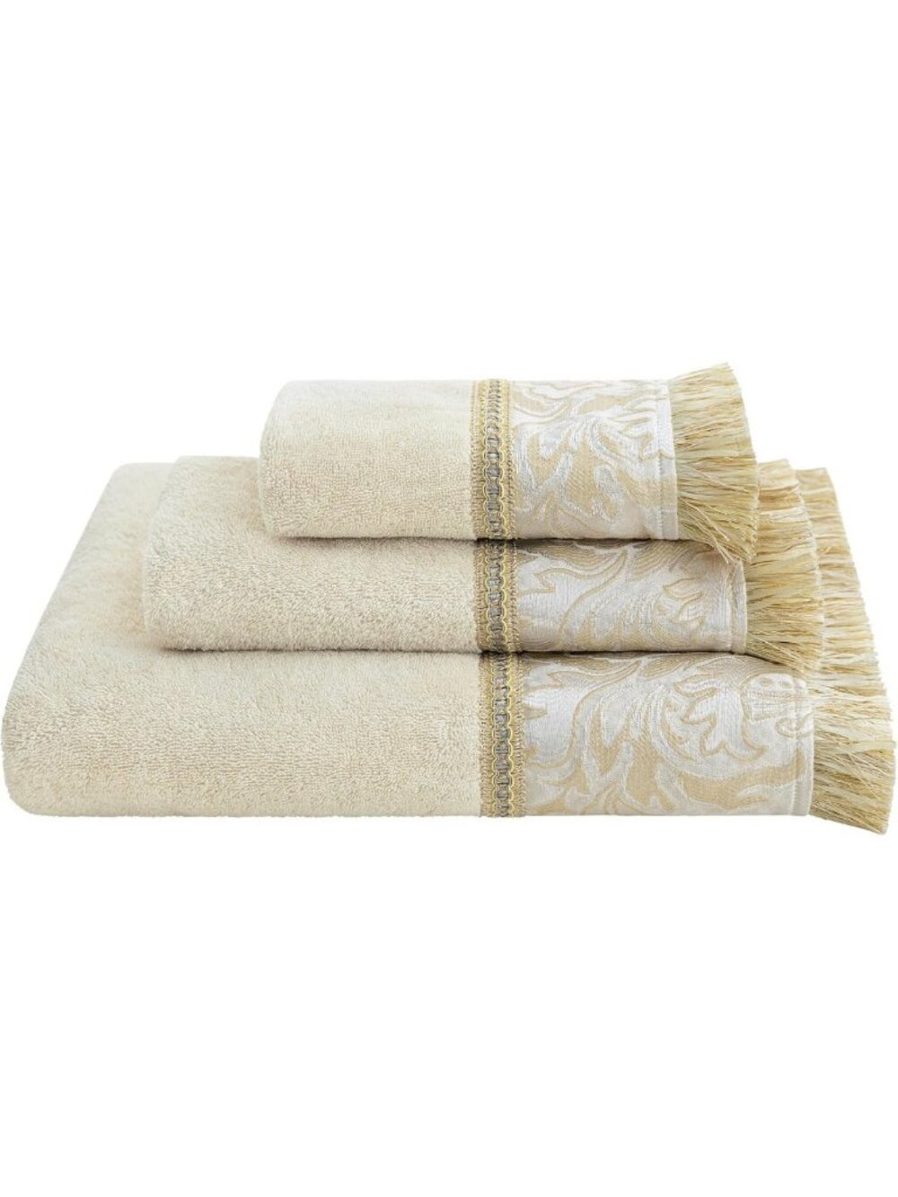 Luxury Cotton Bath Towel Set - 3 Piece Ivory Beige Gold, Soft & Absorbent